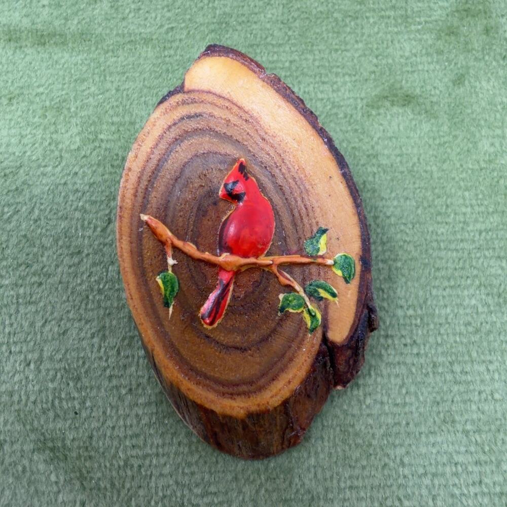 Hand-Painted Cardinal Bird Wood Slice Brooch Pin Natural Wood 1.75in